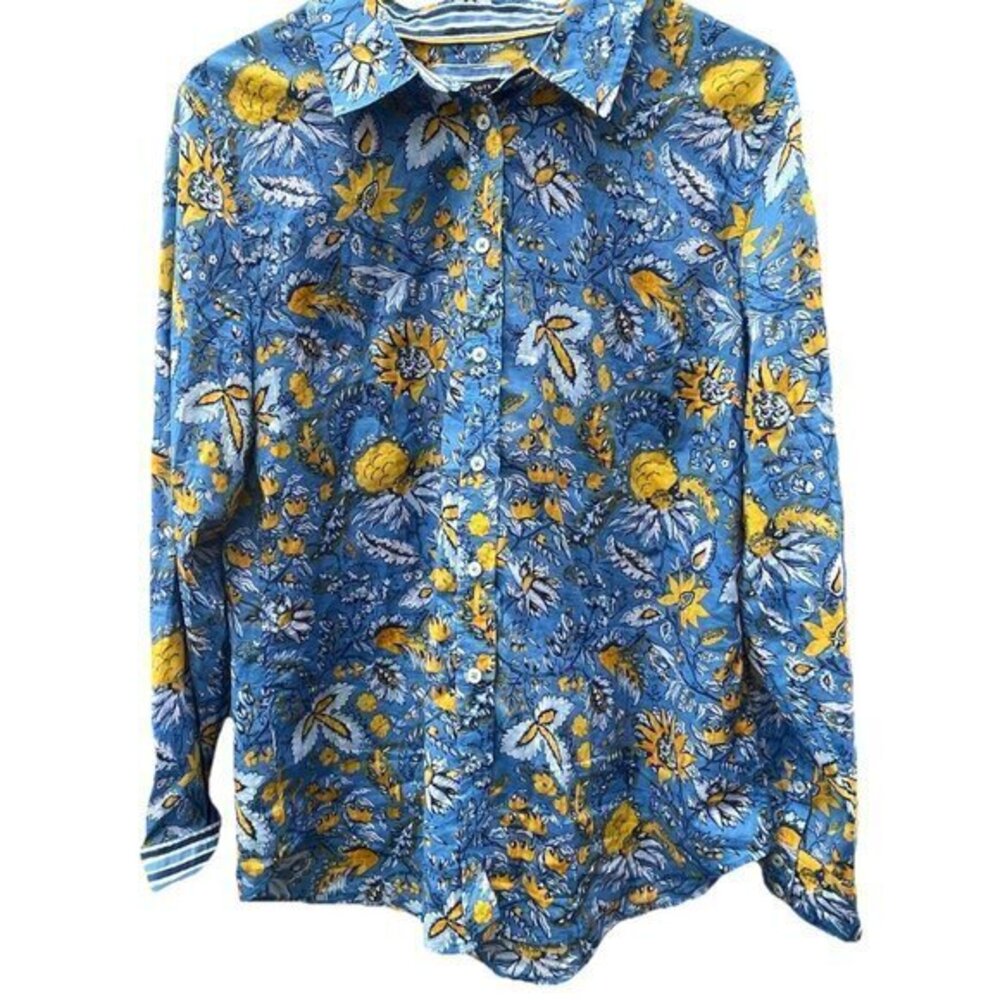TALBOTS Women’s Sz L Classic Button Shirt Botanical Blue Sunflower Spring